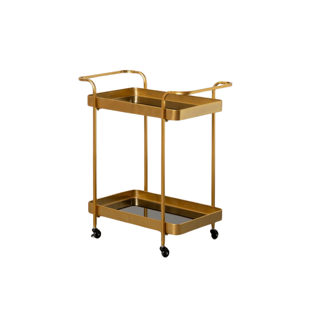 Camarera Dorada Moderna de Metal y Cristal Negro – 75 cm, Elegante y Funcional para Salón y Comedor con Ruedas