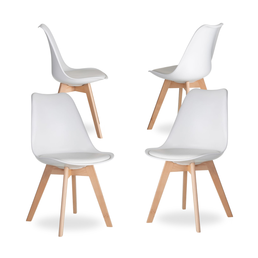 Casa Picota Pack de 4 chaises Miles nordiques blanches - Design scandinave avec coussin en PU et pieds en bois de hêtre pour les salles à manger modernes