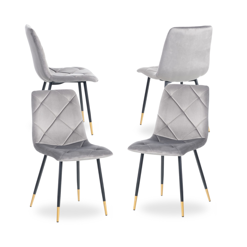 Casa Picota Pack de 4 Sillas de Terciopelo Gris Remy con Estructura de Metal y Detalles Dorados - Elegancia y Comodidad para Comedor y Oficina