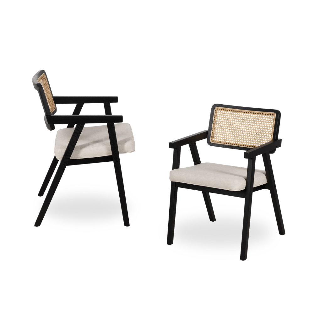 Pack de 2 Sillas Tate con Brazos Negras de Madera y Ratán – Elegancia y Confort para Salones y Comedores (80 cm)