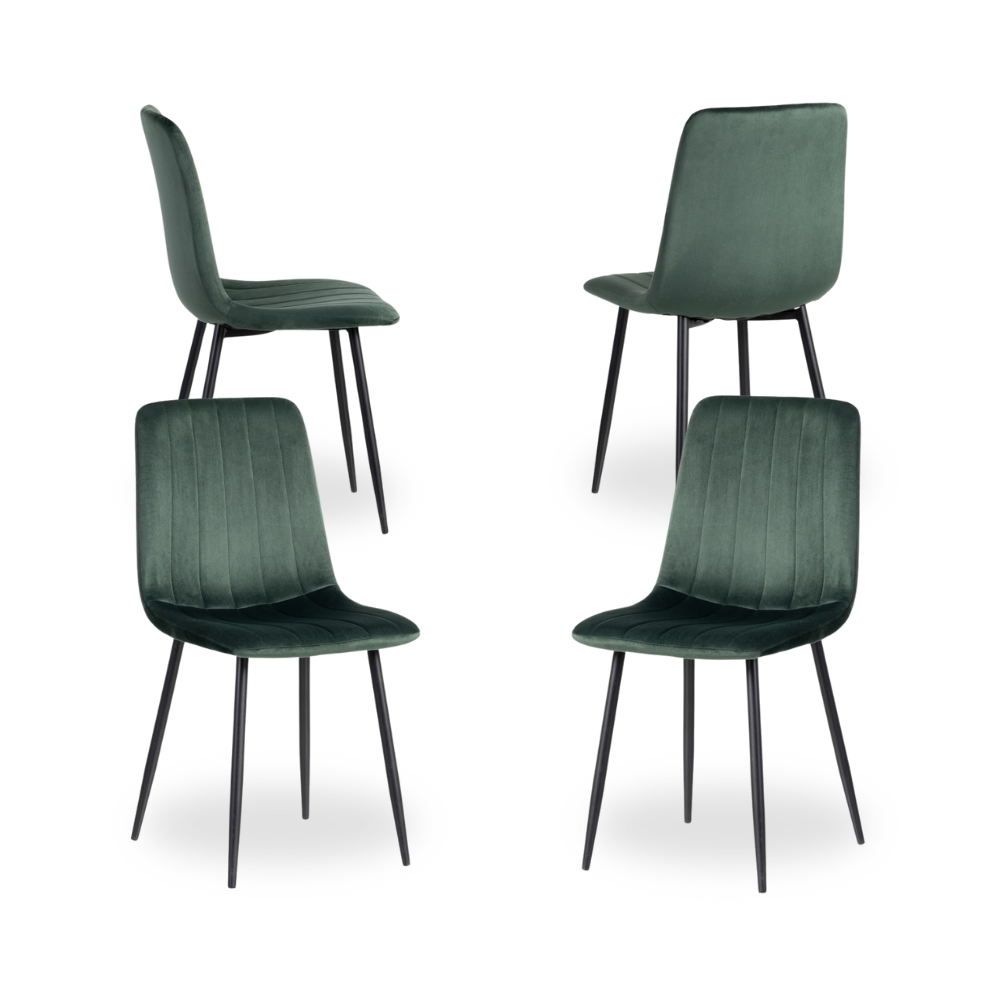 Pack de 4 Sillas Laurent Verde Oscuro Terciopelo – Elegancia y Comodidad para Comedor, Oficina y Salón – Diseño Minimalista y Patas de Hierro Estables