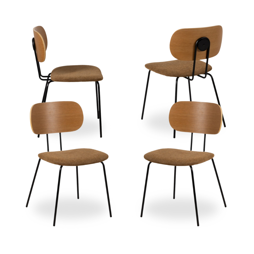 Pack de 4 Sillas Theo Natural Marrón con Asiento Tapizado y Estructura de Metal – Diseño Moderno y Acogedor para Comedores y Salones