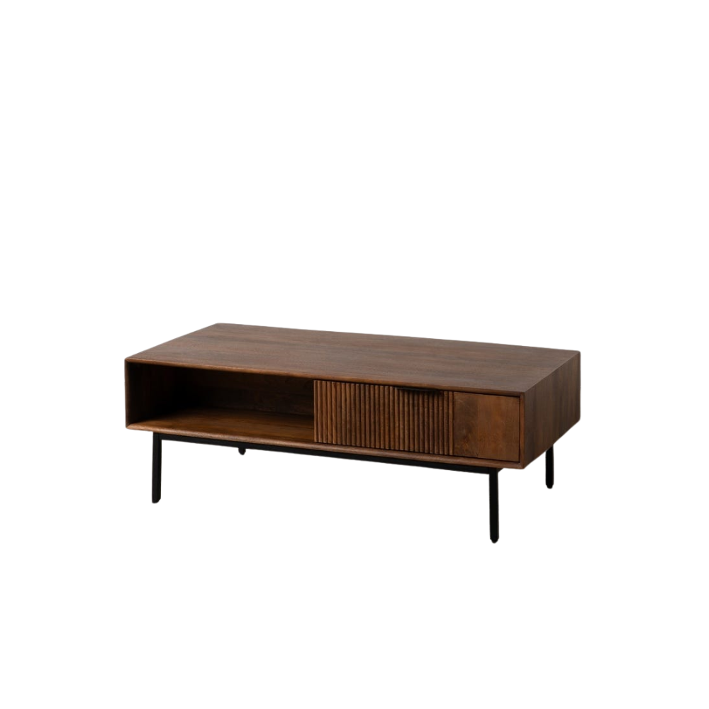 Mesa de Centro de Madera de Mango 110×60 cm con Cajón y Hueco Abierto – Diseño Moderno y Funcional para Salón