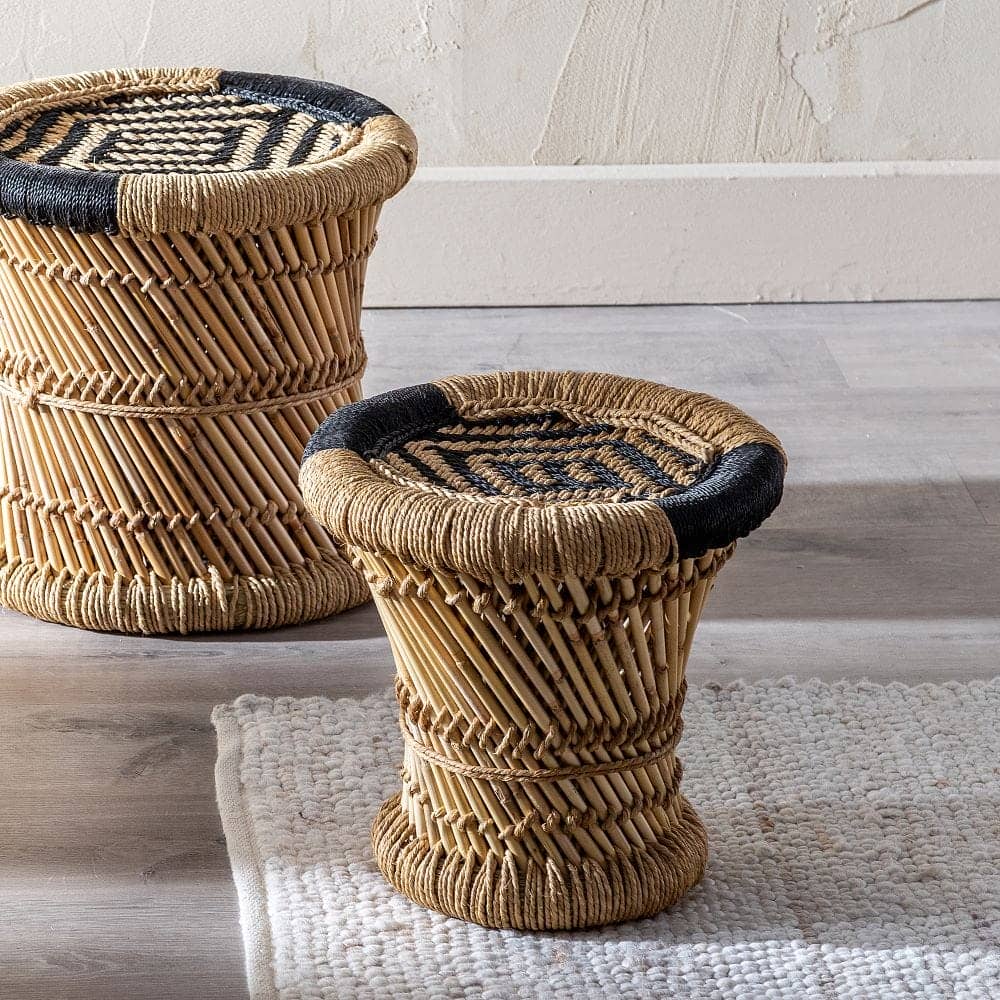 Set de 2 Mesas Auxiliares de Fibra Natural y Bambú - Estilo Rústico y Bohemio, 38 cm - Imagen 12