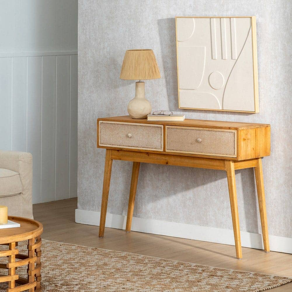 Consola de Madera Natural de Abeto y DM de 115 cm con 2 Cajones - Diseño Elegante y Funcional para Recibidores, Salones y Dormitorios - Imagen 10