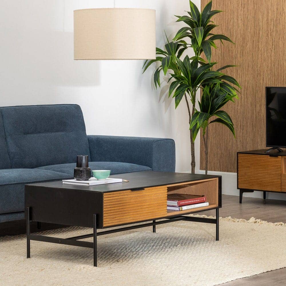 Mesa de Centro Negra y Natural de DM y Madera de Fresno - Diseño Moderno, 124x60x43.5 cm, Patas para Montar, Colección Orleans - Imagen 12