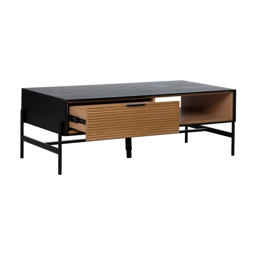 Mesa de Centro Negra y Natural de DM y Madera de Fresno - Diseño Moderno, 124x60x43.5 cm, Patas para Montar, Colección Orleans - Imagen 2
