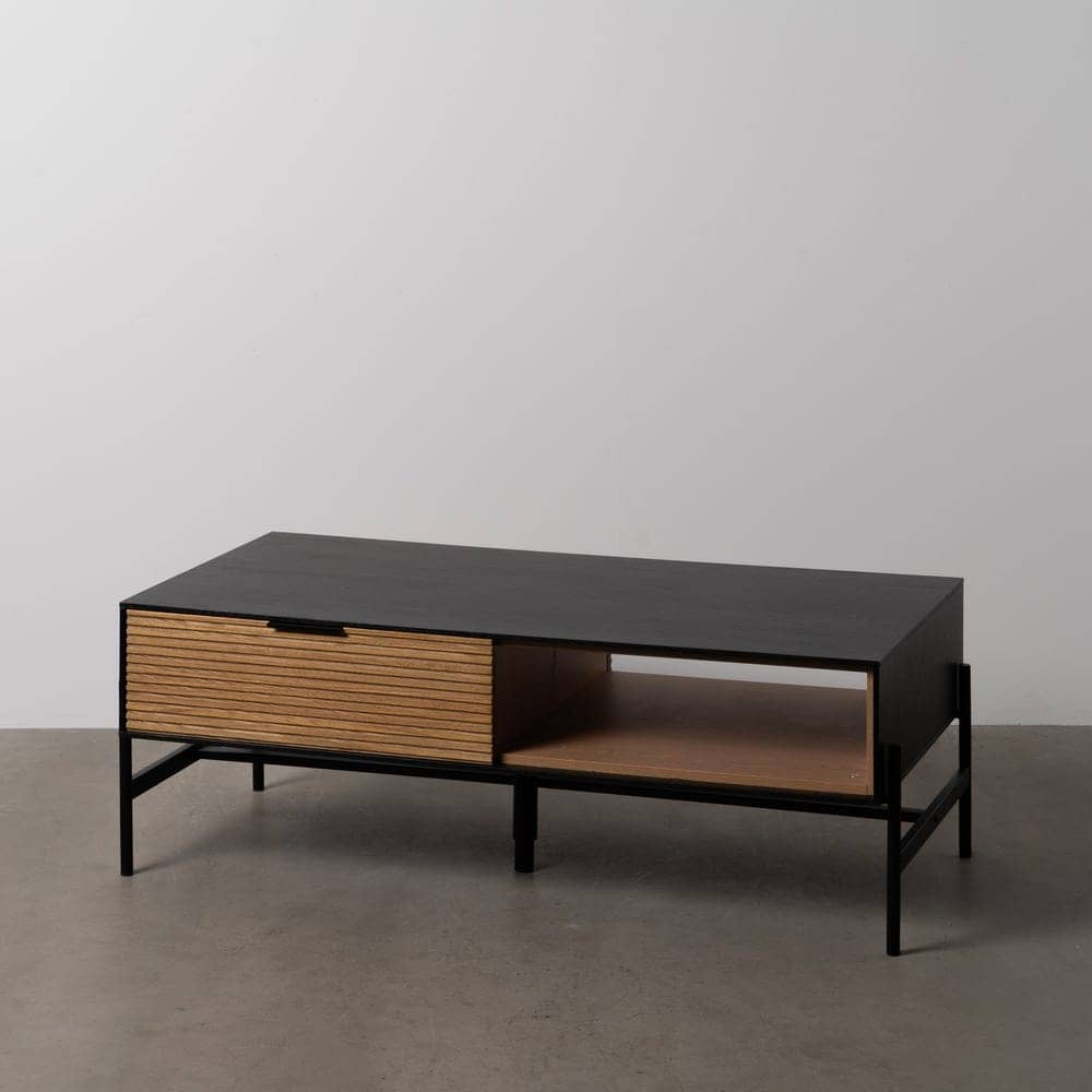 Mesa de Centro Negra y Natural de DM y Madera de Fresno - Diseño Moderno, 124x60x43.5 cm, Patas para Montar, Colección Orleans - Imagen 11