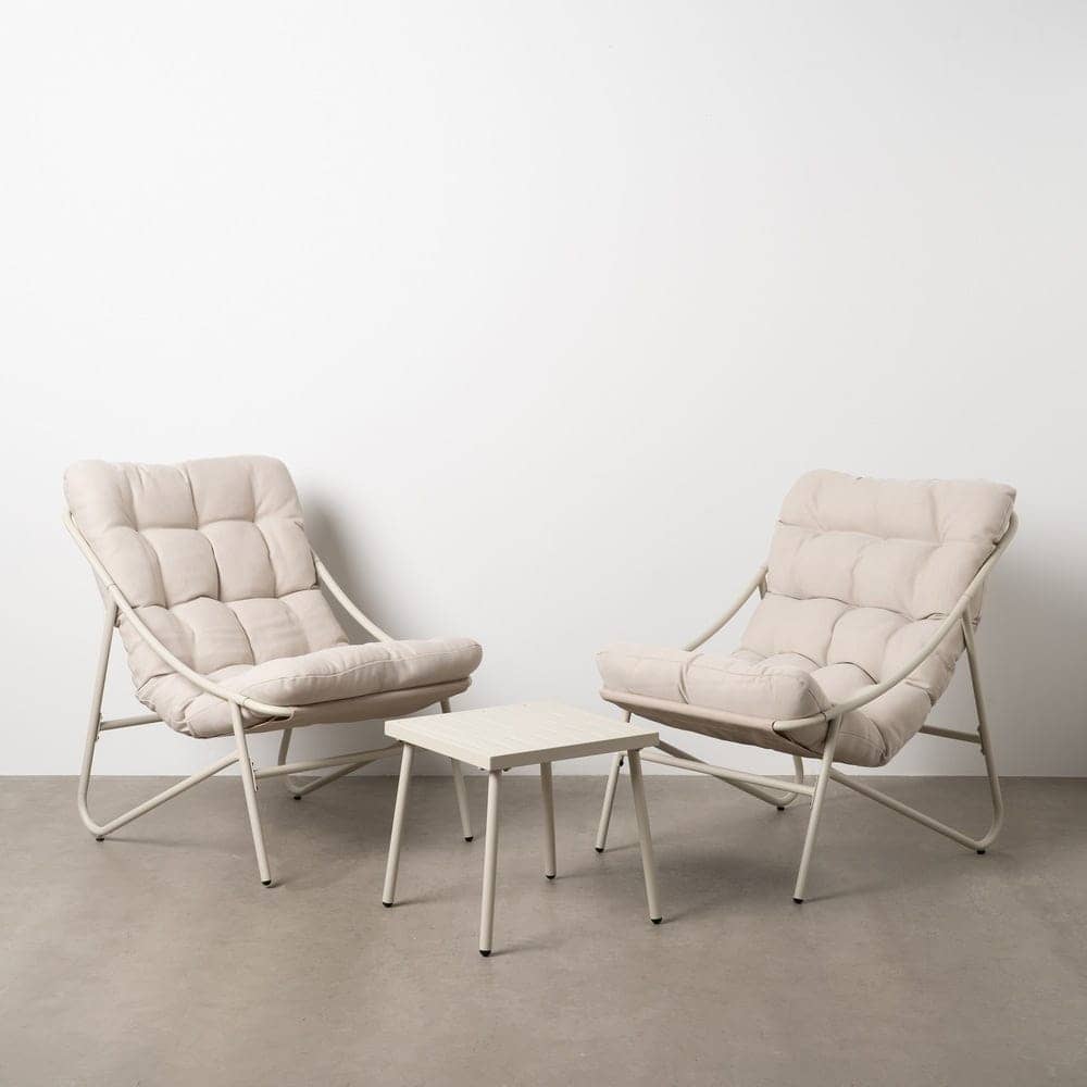Conjunto de Jardín Beige en Acero para Exterior - 2 Sillones con Cojines Acolchados y Mesa de Centro, Diseño Moderno y Cómodo para Terraza y Jardín - Imagen 2