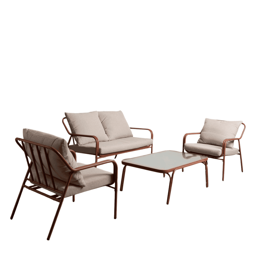 Conjunto de Jardín Terracota en Acero para Exterior - Sofá, Sillones y Mesa de Centro con Cristal Templado, Cojines Desenfundables y Diseño Elegante para Terrazas y Jardines