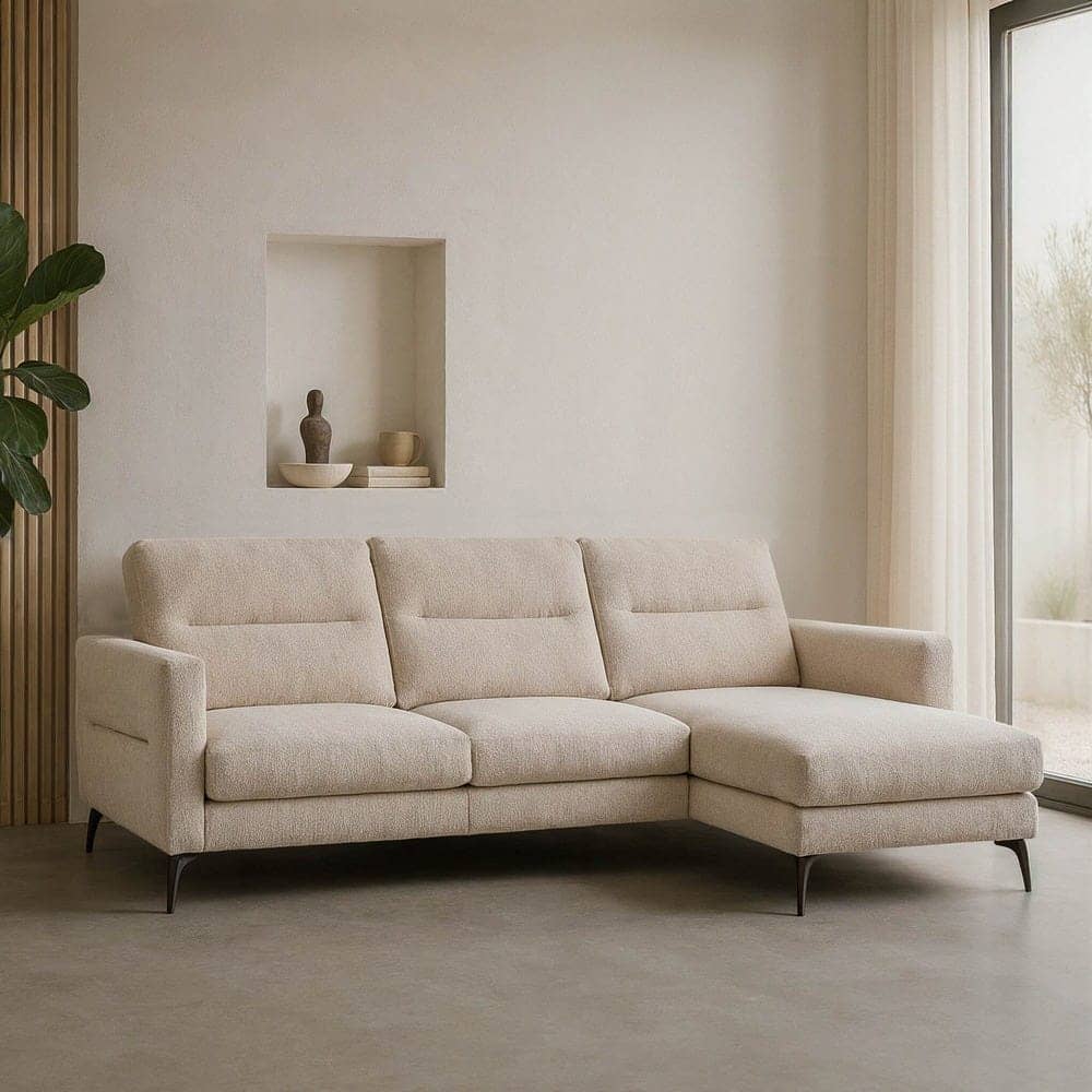 Sofá Chaise Longue Crema Tejido 238x160 cm Estructura Madera Eucalipto - Imagen 3