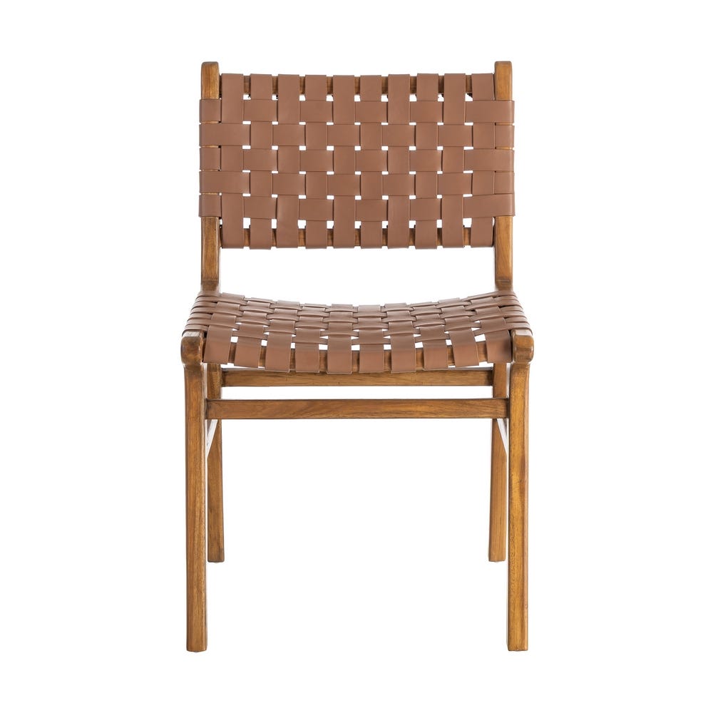 Silla de madera de teca con asiento en piel color marrón – 50 x 56 x 87 cm - Imagen 2