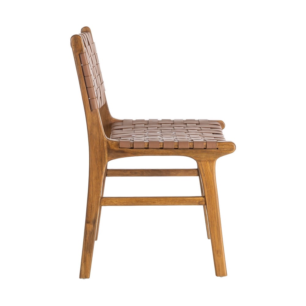 Silla de madera de teca con asiento en piel color marrón – 50 x 56 x 87 cm - Imagen 3