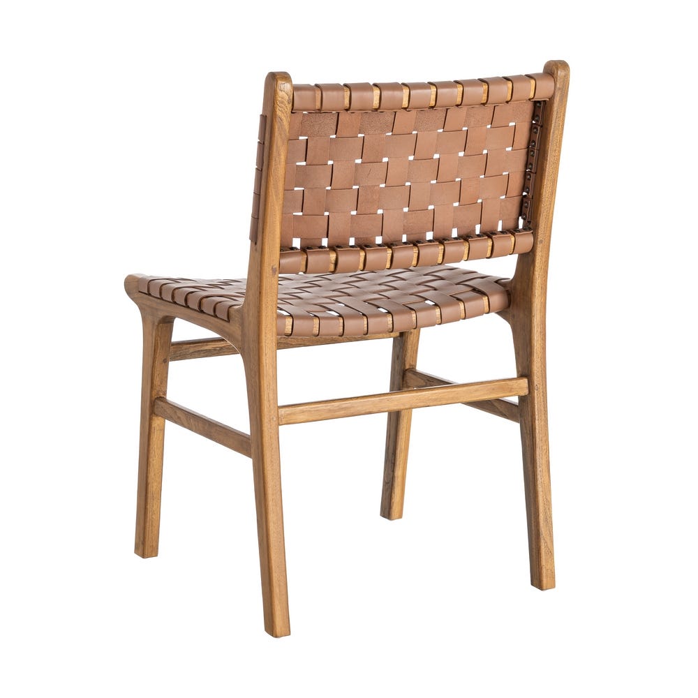 Silla de madera de teca con asiento en piel color marrón – 50 x 56 x 87 cm - Imagen 4