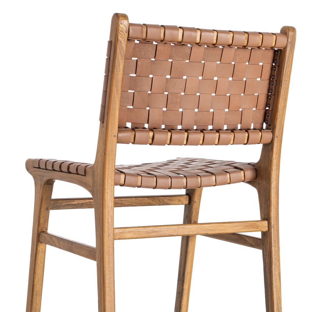 Silla de madera de teca con asiento en piel color marrón – 50 x 56 x 87 cm - Imagen 5