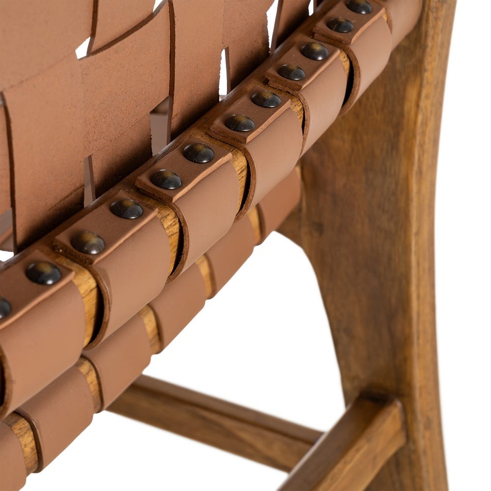 Silla de madera de teca con asiento en piel color marrón – 50 x 56 x 87 cm - Imagen 6