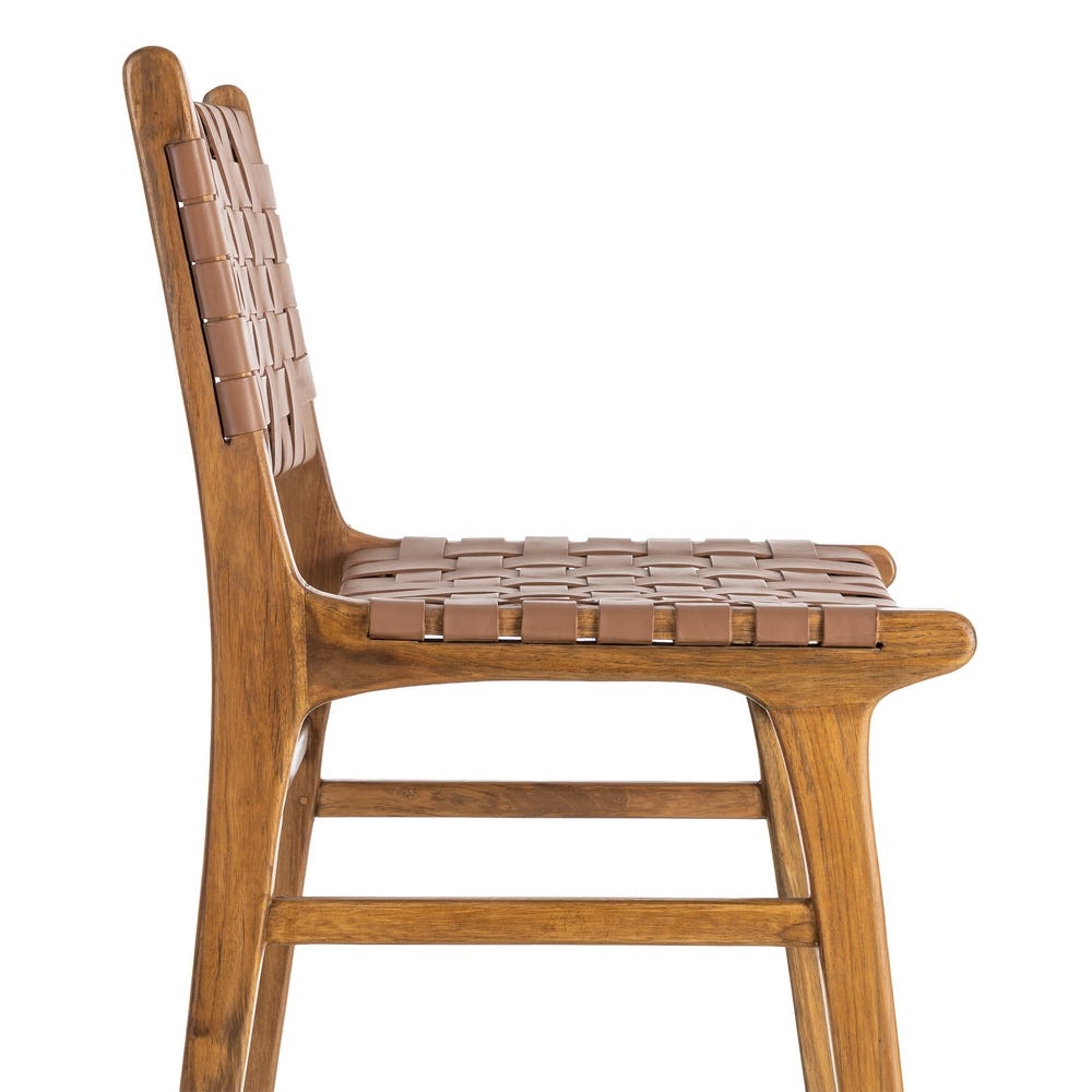 Silla de madera de teca con asiento en piel color marrón – 50 x 56 x 87 cm - Imagen 7