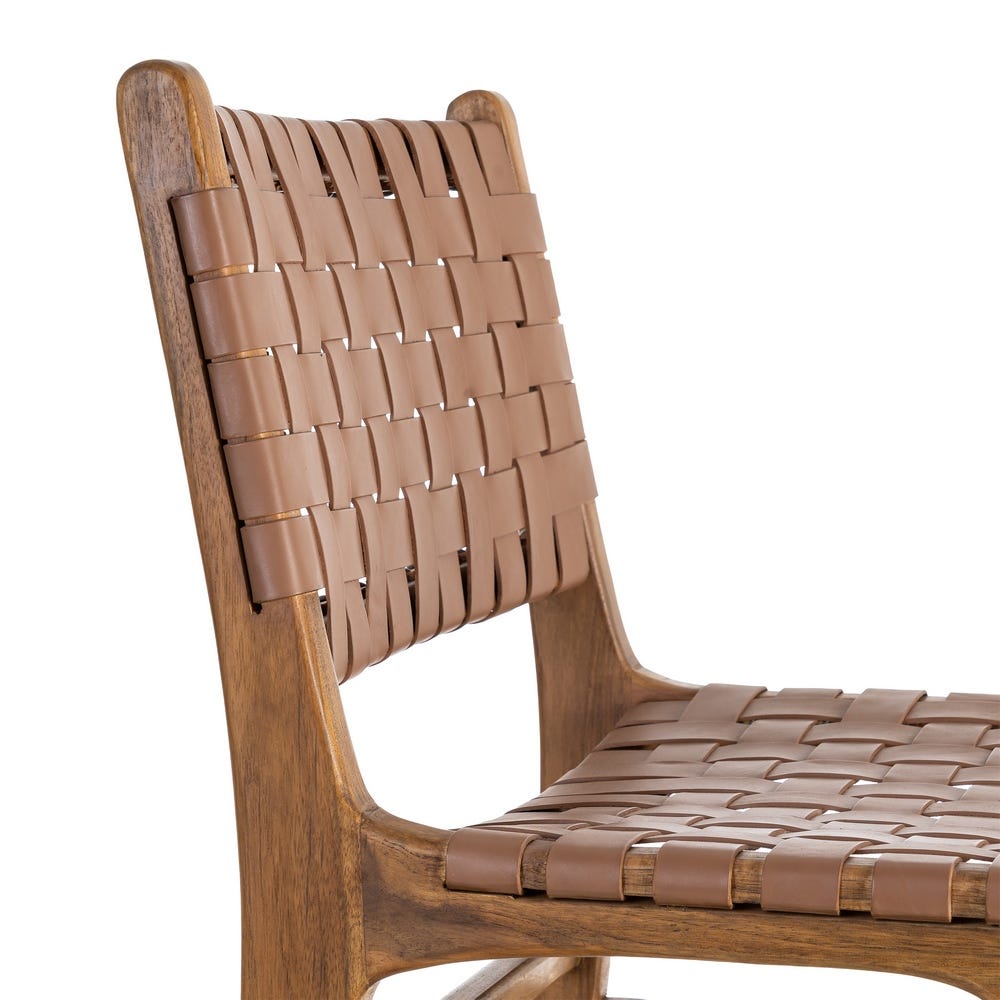 Silla de madera de teca con asiento en piel color marrón – 50 x 56 x 87 cm - Imagen 8