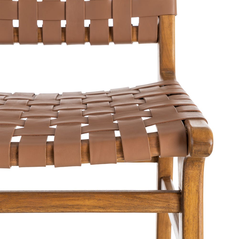 Silla de madera de teca con asiento en piel color marrón – 50 x 56 x 87 cm - Imagen 10