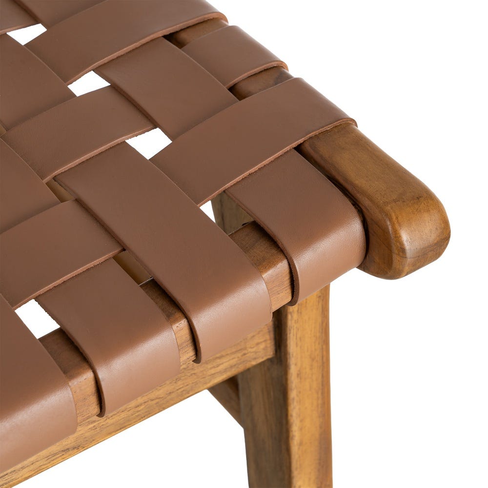 Silla de madera de teca con asiento en piel color marrón – 50 x 56 x 87 cm - Imagen 11