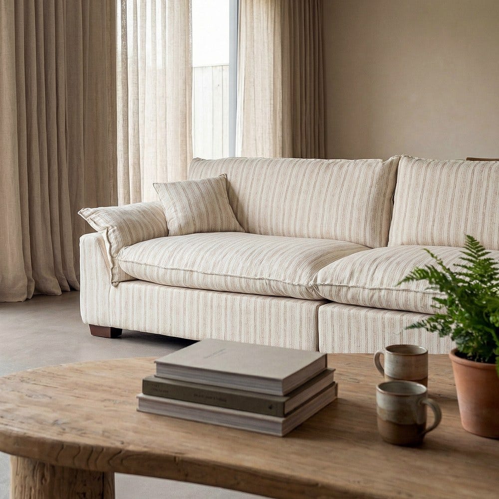 Sofá 4 plazas estampado a rayas crema de tela para salón – 282 x 101 x 71 cm - Imagen 12