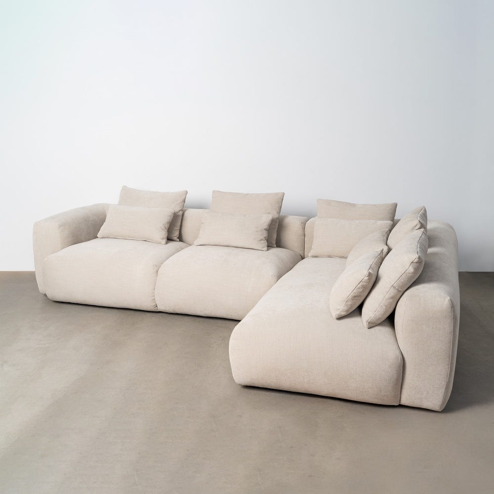 Sofá chaise longue derecha crema de tela para salón – 307 x 202 x 81 cm - Imagen 10