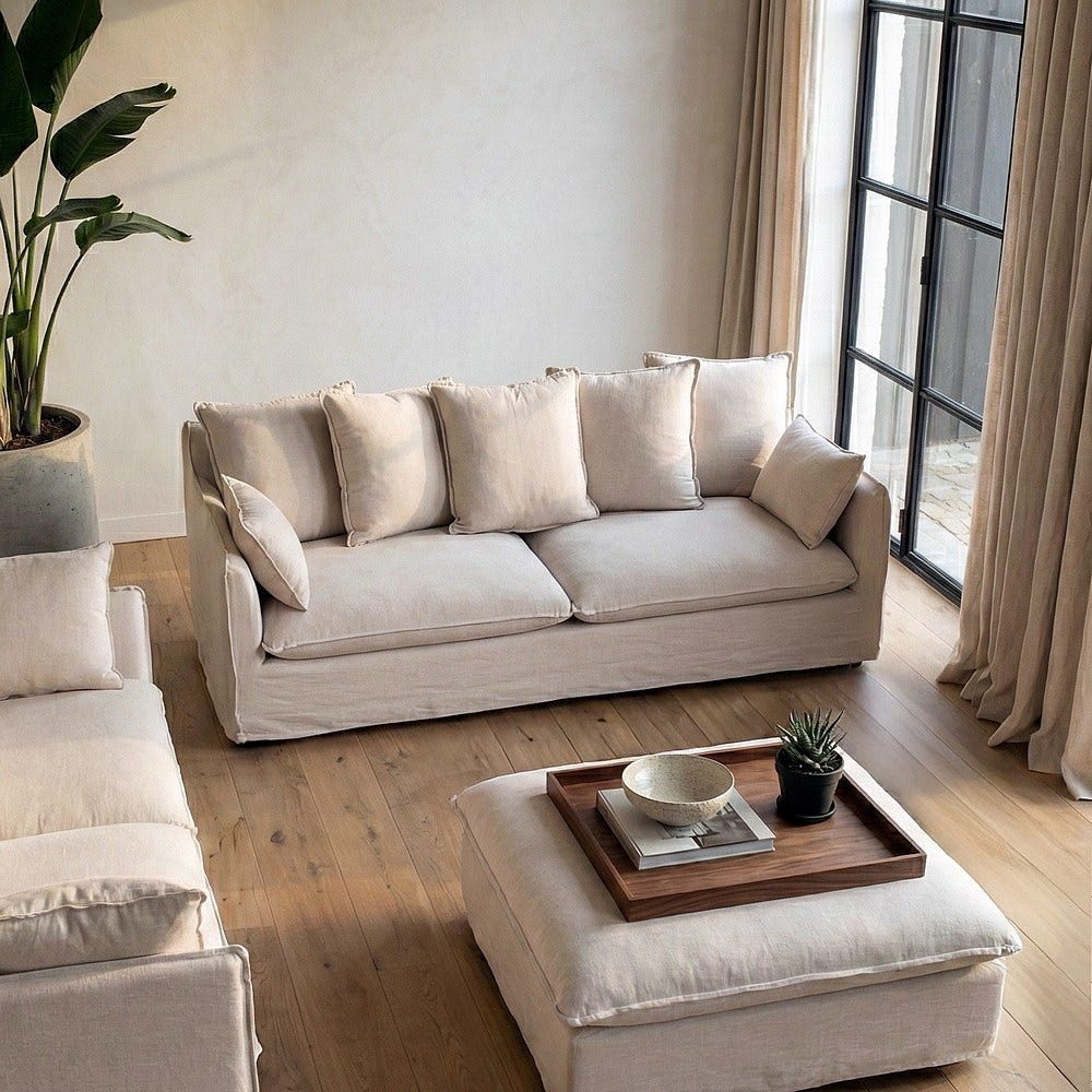 Sofá 3 plazas beige tapizado en tela para salón moderno – 212 x 104 x 76 cm - Imagen 11