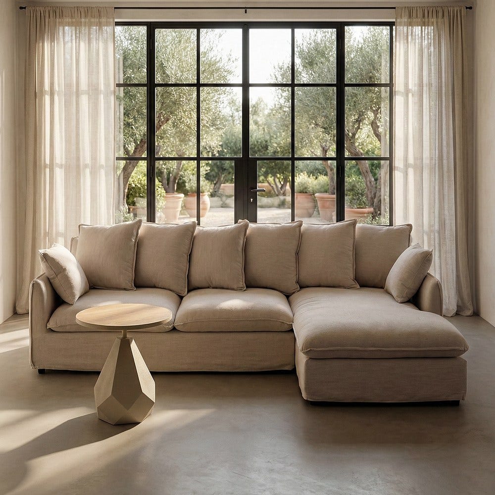 Sofá chaise longue beige de tela para salón moderno – 252 x 158 x 84 cm - Imagen 10