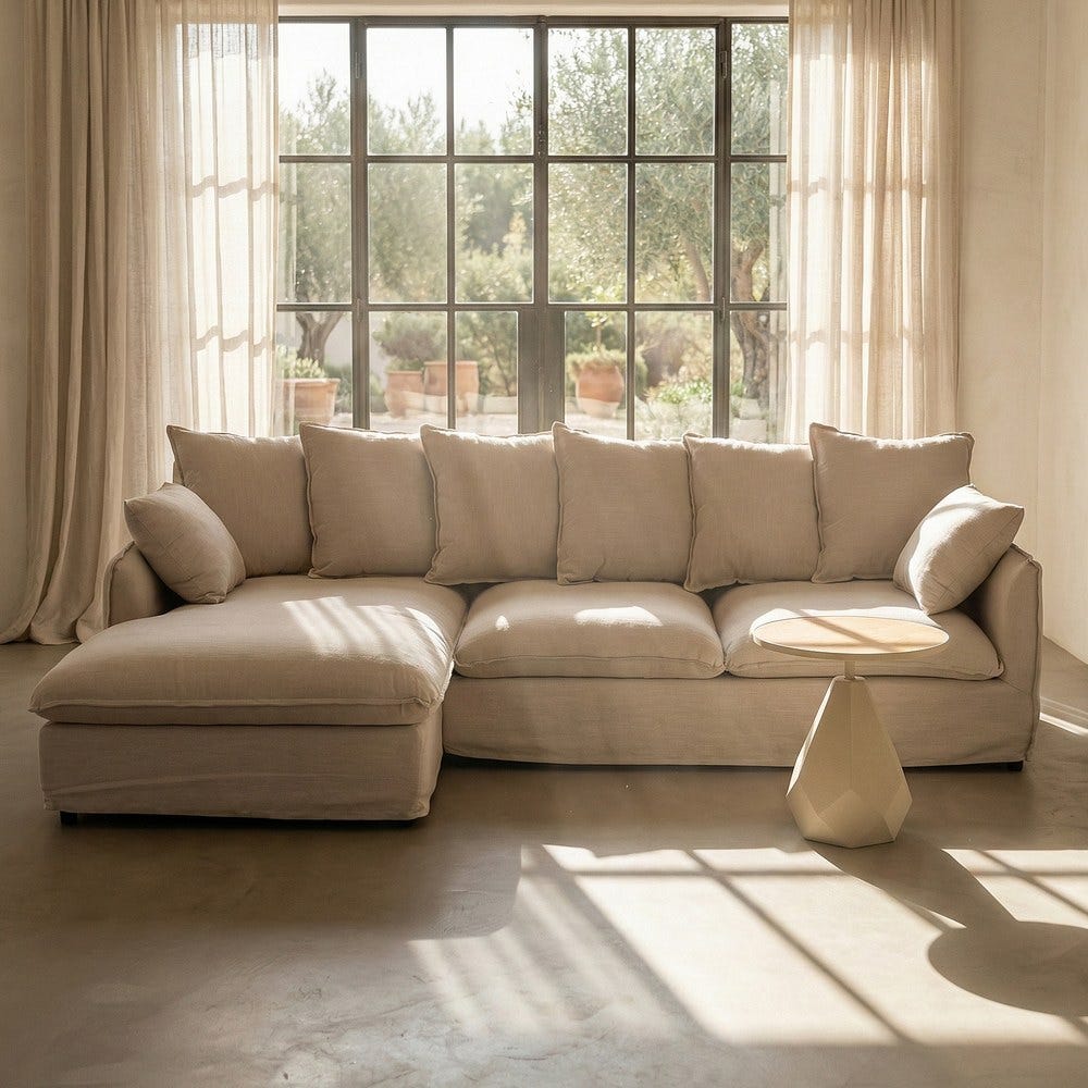Sofá chaise longue beige de tela para salón moderno – 254 x 158 x 84 cm - Imagen 12