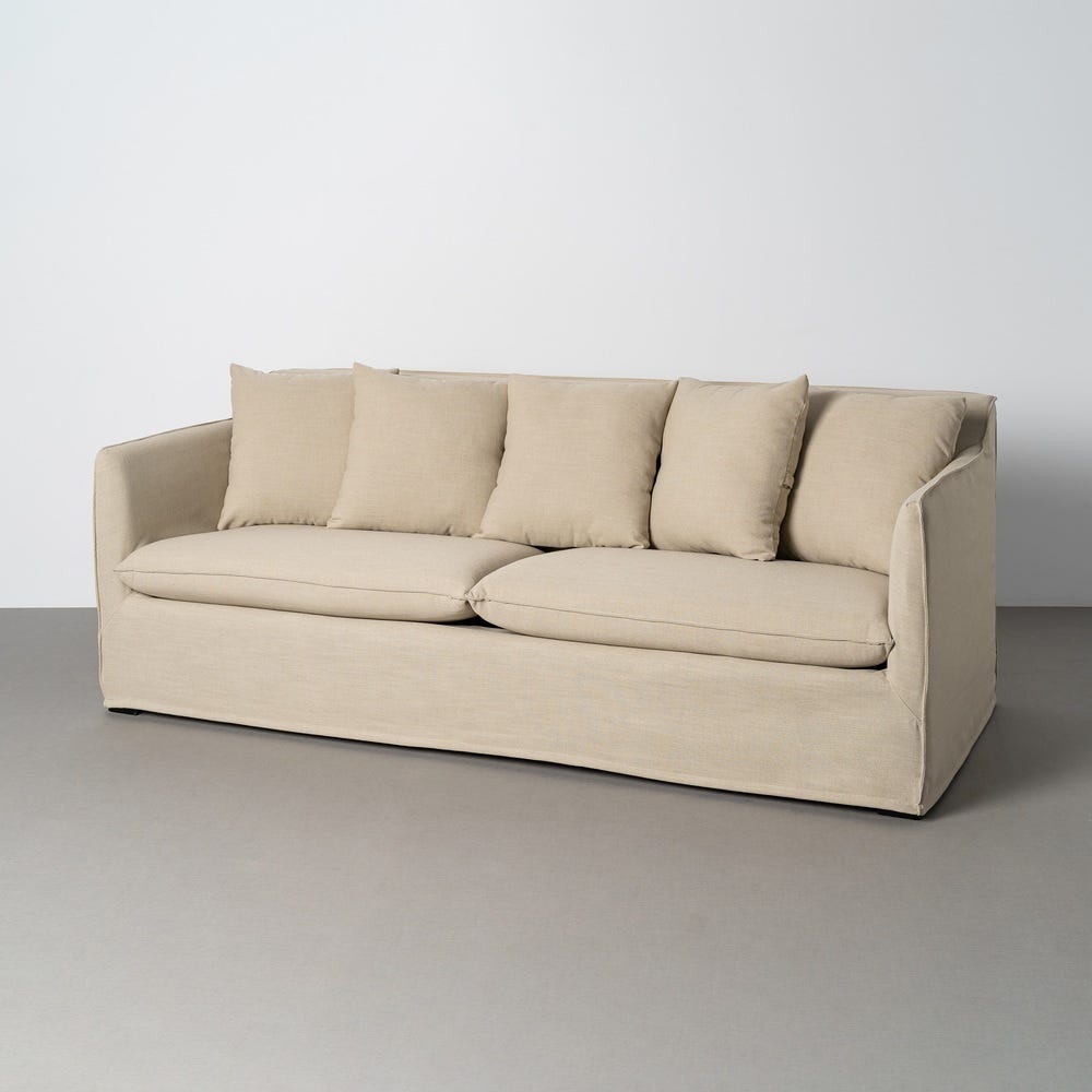 Sofá taupe de tela para salón moderno – 215 x 92 x 78 cm - Imagen 2