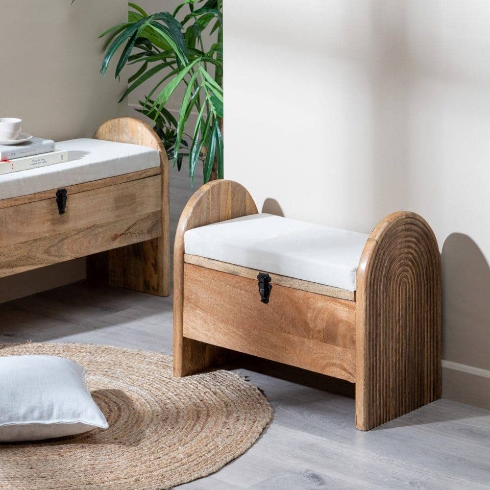Banqueta-Baúl Natural de Madera de Mango con Cojín de Espuma - Almacenamiento y Asiento 56 cm para Salón, Pasillo y Dormitorio - Imagen 10