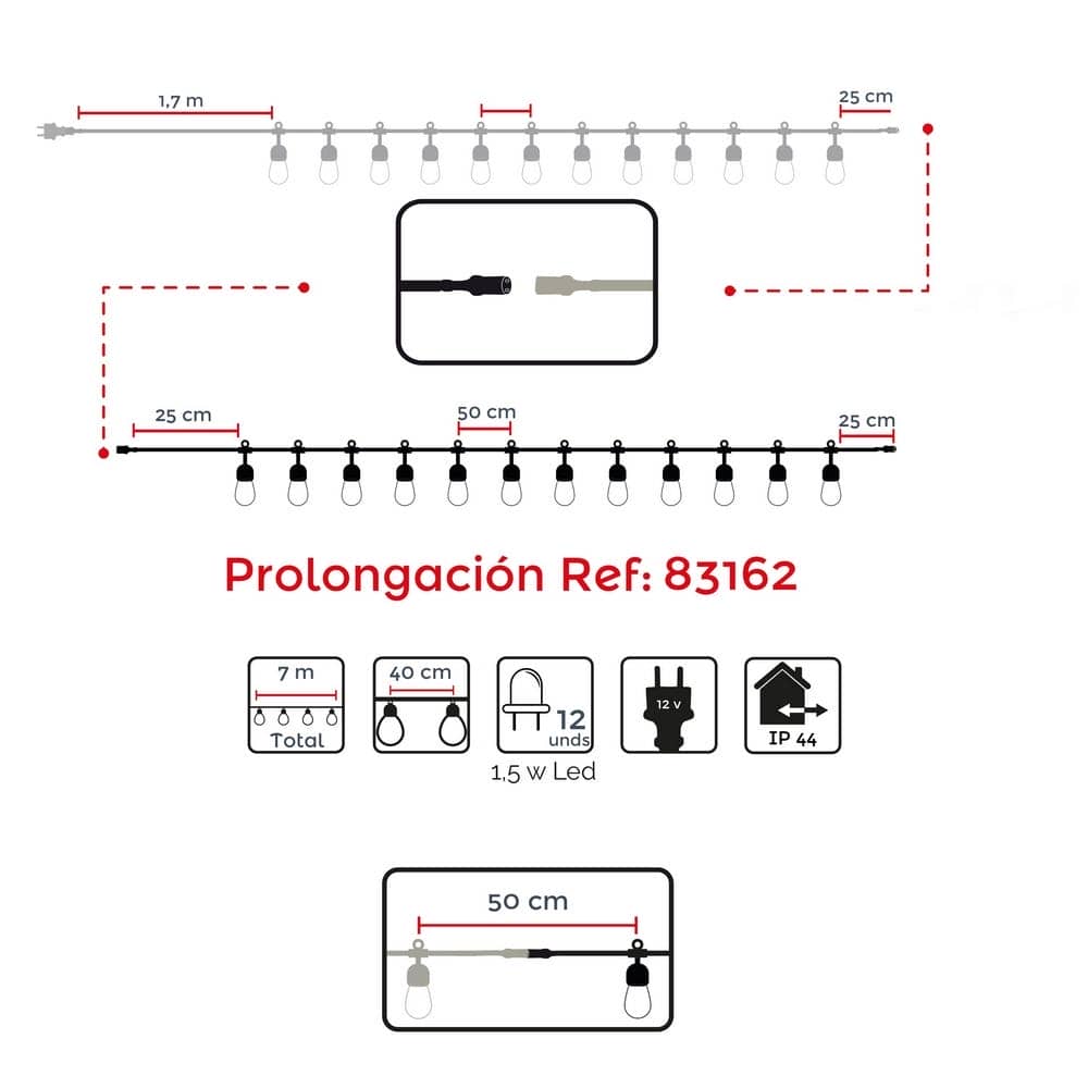 Guirnalda de 12 Luces LED Edison de 7 m con Cable Negro - Bombillas de Luz Cálida 2200K, Eficiencia Energética A++, IP44 - Imagen 7