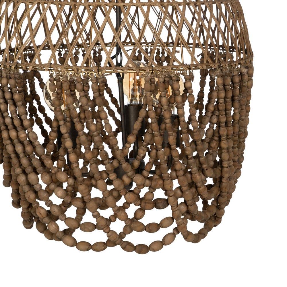 Lámpara de Techo de Cuentas Naturales en Madera y Ratán - Diseño Elegante de 62 cm, Estructura de Metal, Casquillo E27, Ideal para Decoración Interior - Imagen 2
