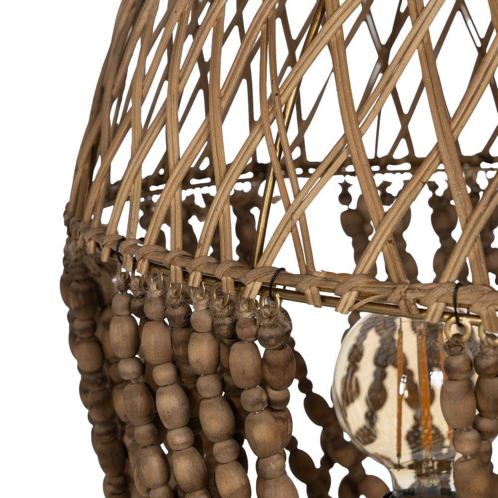 Lámpara de Techo de Cuentas Naturales en Madera y Ratán - Diseño Elegante de 62 cm, Estructura de Metal, Casquillo E27, Ideal para Decoración Interior - Imagen 3
