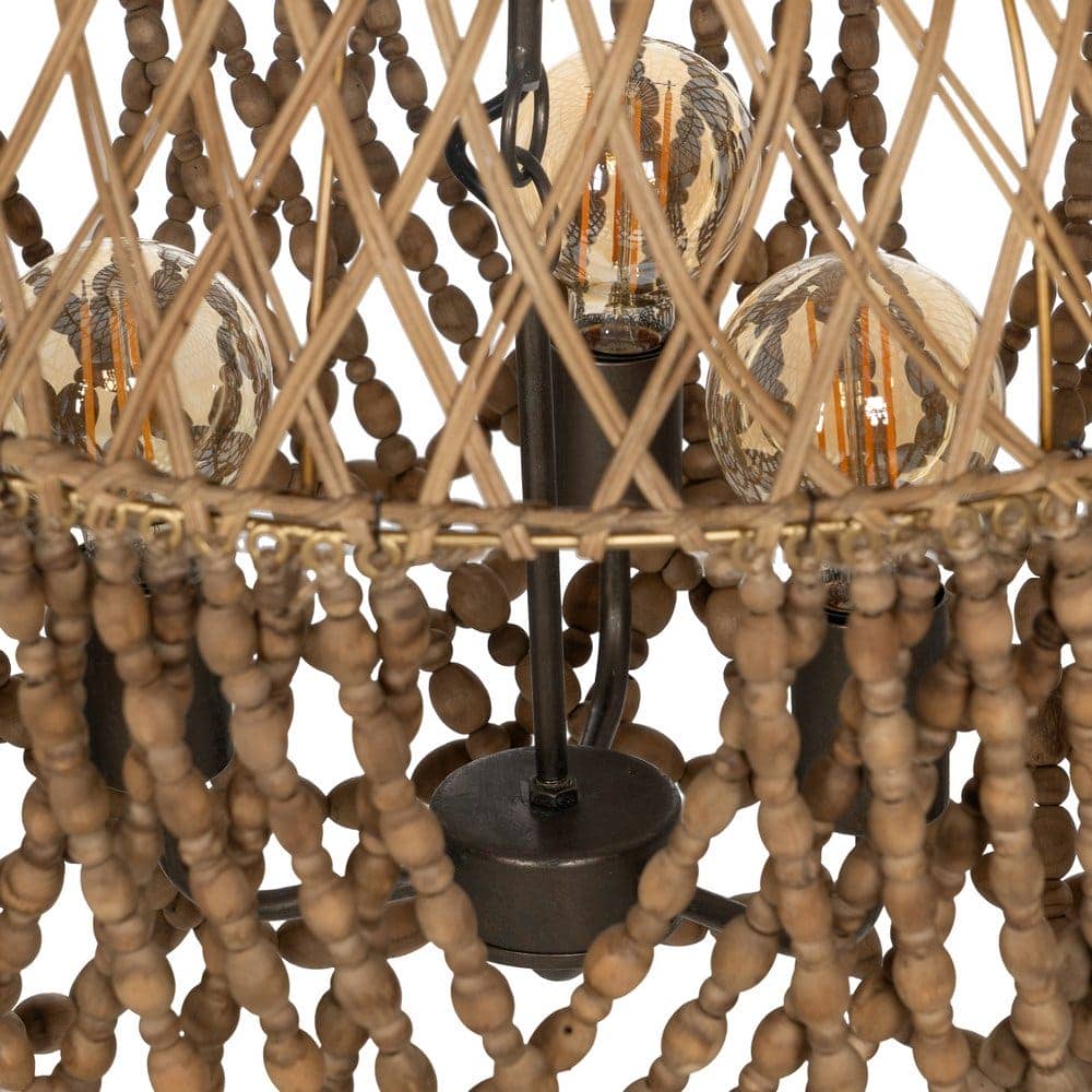 Lámpara de Techo de Cuentas Naturales en Madera y Ratán - Diseño Elegante de 62 cm, Estructura de Metal, Casquillo E27, Ideal para Decoración Interior - Imagen 5