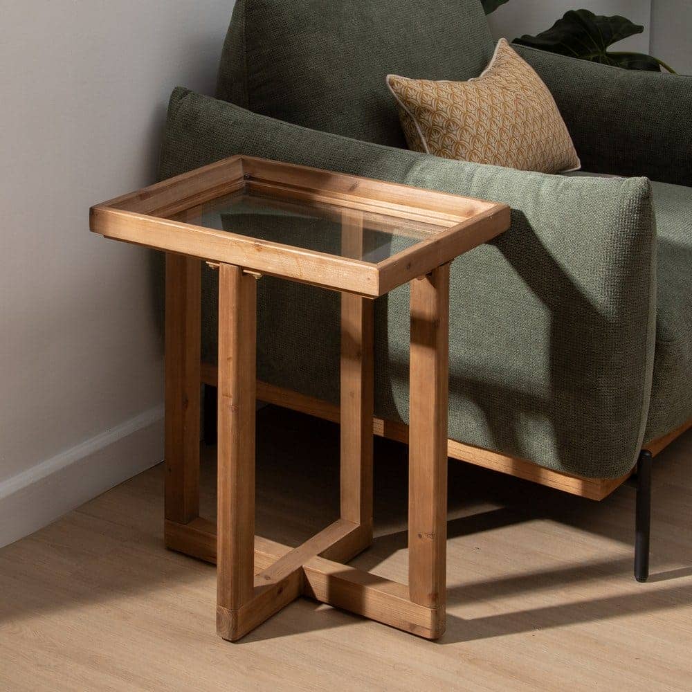 Mesa Auxiliar de Madera Natural de Abeto y Cristal Templado 60 cm - Elegante y Funcional para Salones y Dormitorios - Imagen 8