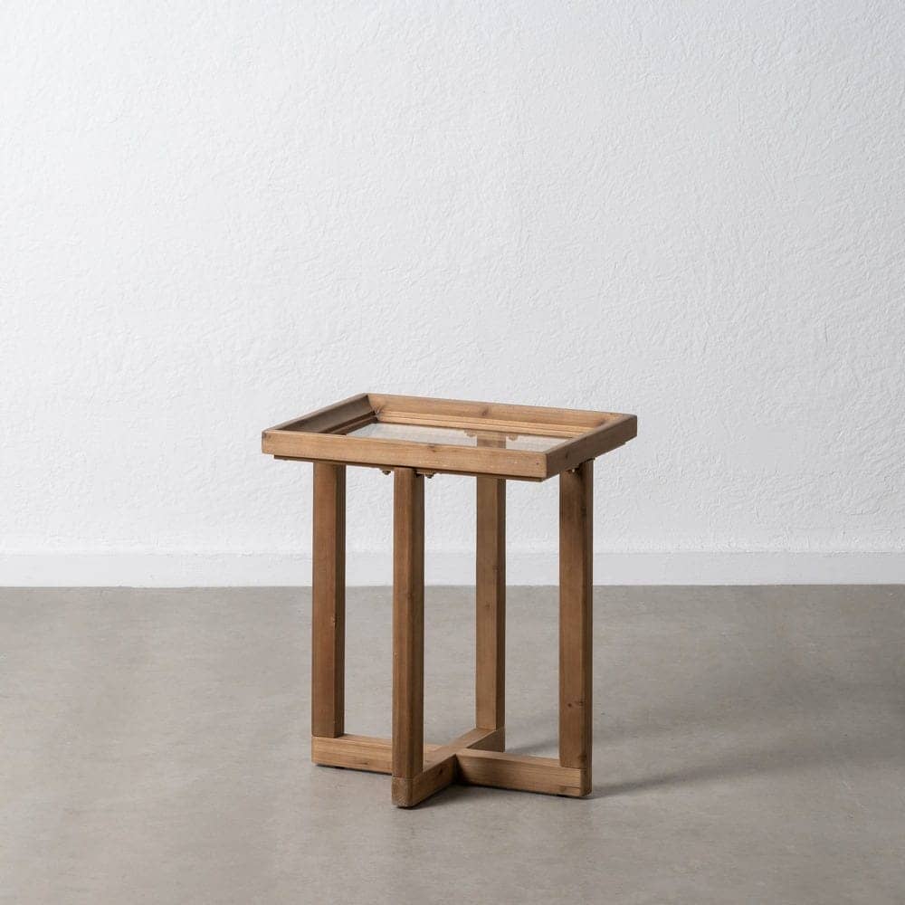 Mesa Auxiliar de Madera Natural de Abeto y Cristal Templado 60 cm - Elegante y Funcional para Salones y Dormitorios - Imagen 9