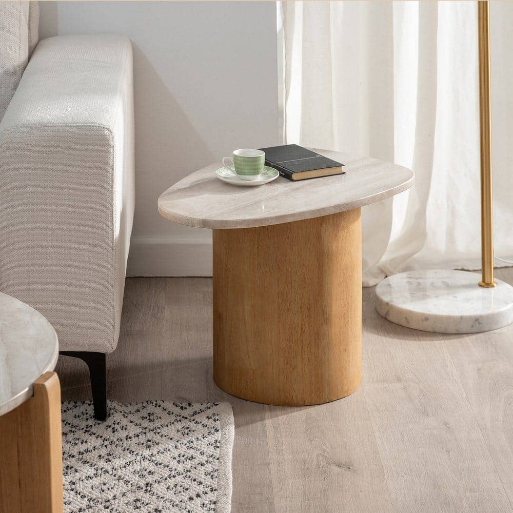 Mesa Auxiliar de Mármol Blanco y Madera Efecto Roble - Diseño Elegante y Funcional 58 cm para Salones y Dormitorios - Imagen 8