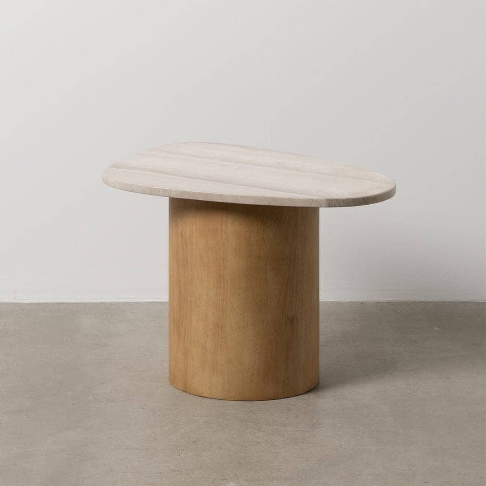Mesa Auxiliar de Mármol Blanco y Madera Efecto Roble - Diseño Elegante y Funcional 58 cm para Salones y Dormitorios - Imagen 9