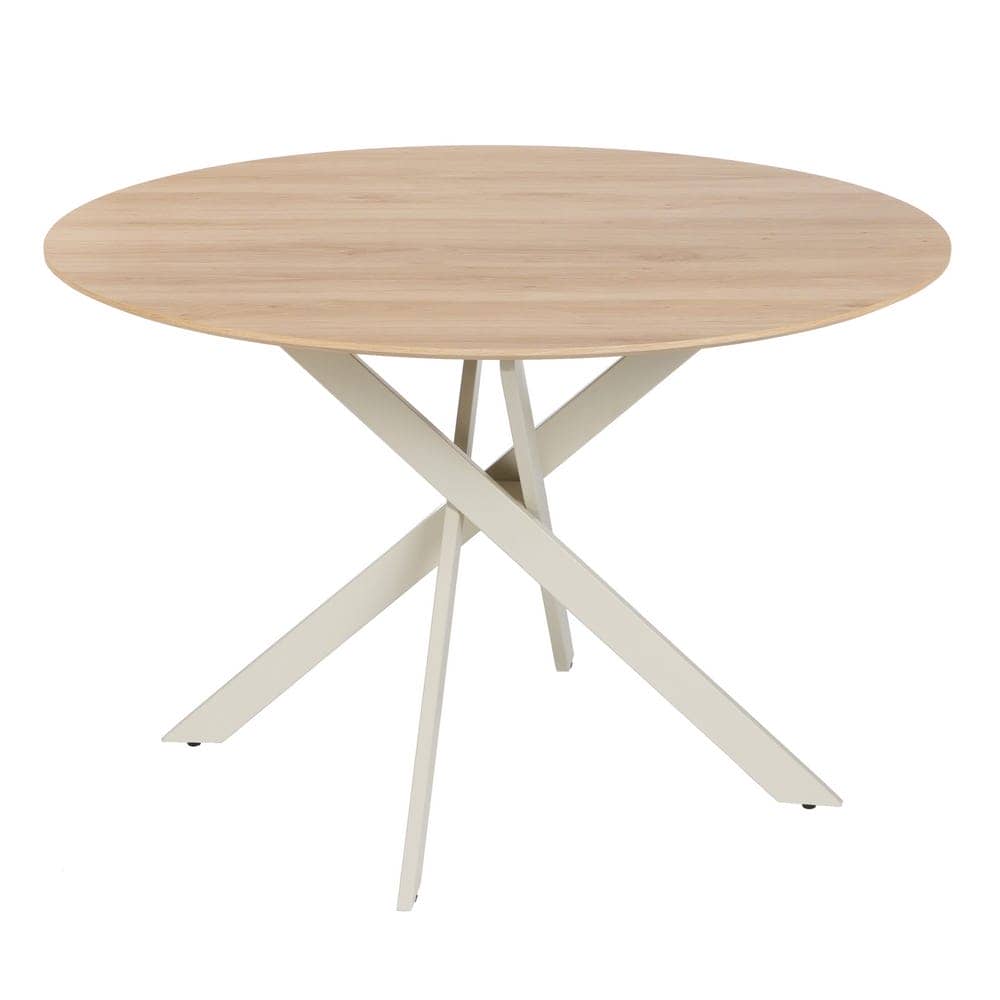 Mesa Comedor Redonda Natural-Crema 120 cm con Base de Metal - Diseño Minimalista y Elegante para Comedores Modernos