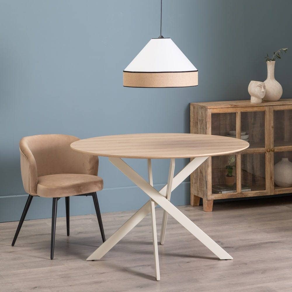 Mesa Comedor Redonda Natural-Crema 120 cm con Base de Metal - Diseño Minimalista y Elegante para Comedores Modernos - Imagen 8