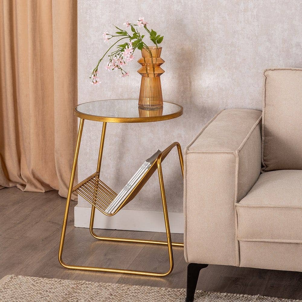 Mesita Revistero de Metal Dorado y Espejo 66 cm - Diseño Moderno y Elegante para Salones y Dormitorios - Imagen 7