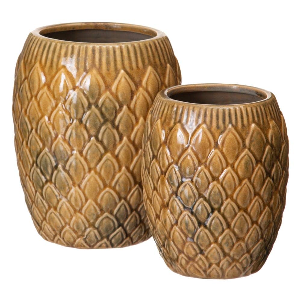 Pack de 2 Maceteros de Cerámica Mostaza Sin Drenaje - Decoración Moderna 18,5 cm - Imagen 2
