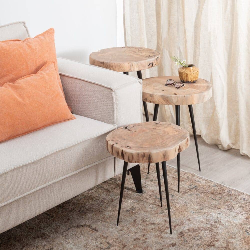 Set de 3 Mesitas de Madera de Acacia y Hierro - Diseño Natural y Contemporáneo (62,3 cm) para Salones y Dormitorios - Imagen 12