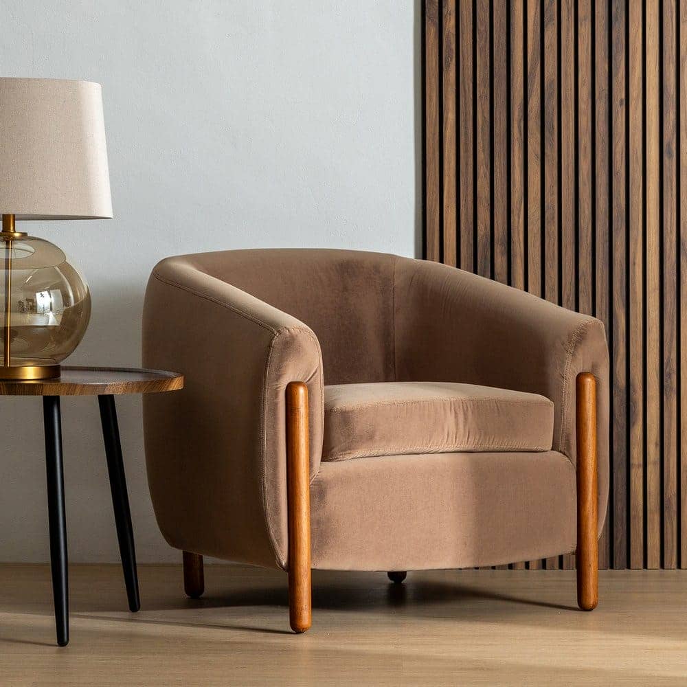 Sillón Taupe Tejido de Terciopelo y Madera para Salón - 87 cm, Diseño Sofisticado y Confortable - Imagen 11