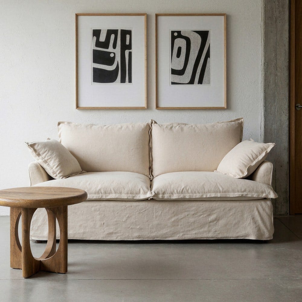 Sofá 2 plazas beige con estructura de madera y tapizado en tela – 200 x 109 x 90 cm - Imagen 11