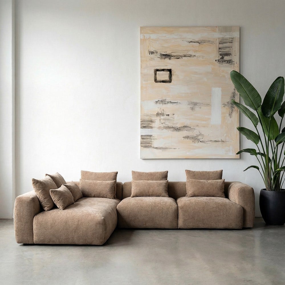 Sofá chaise longue izquierdo beige de tela para salón – 307 x 202 x 81 cm - Imagen 11