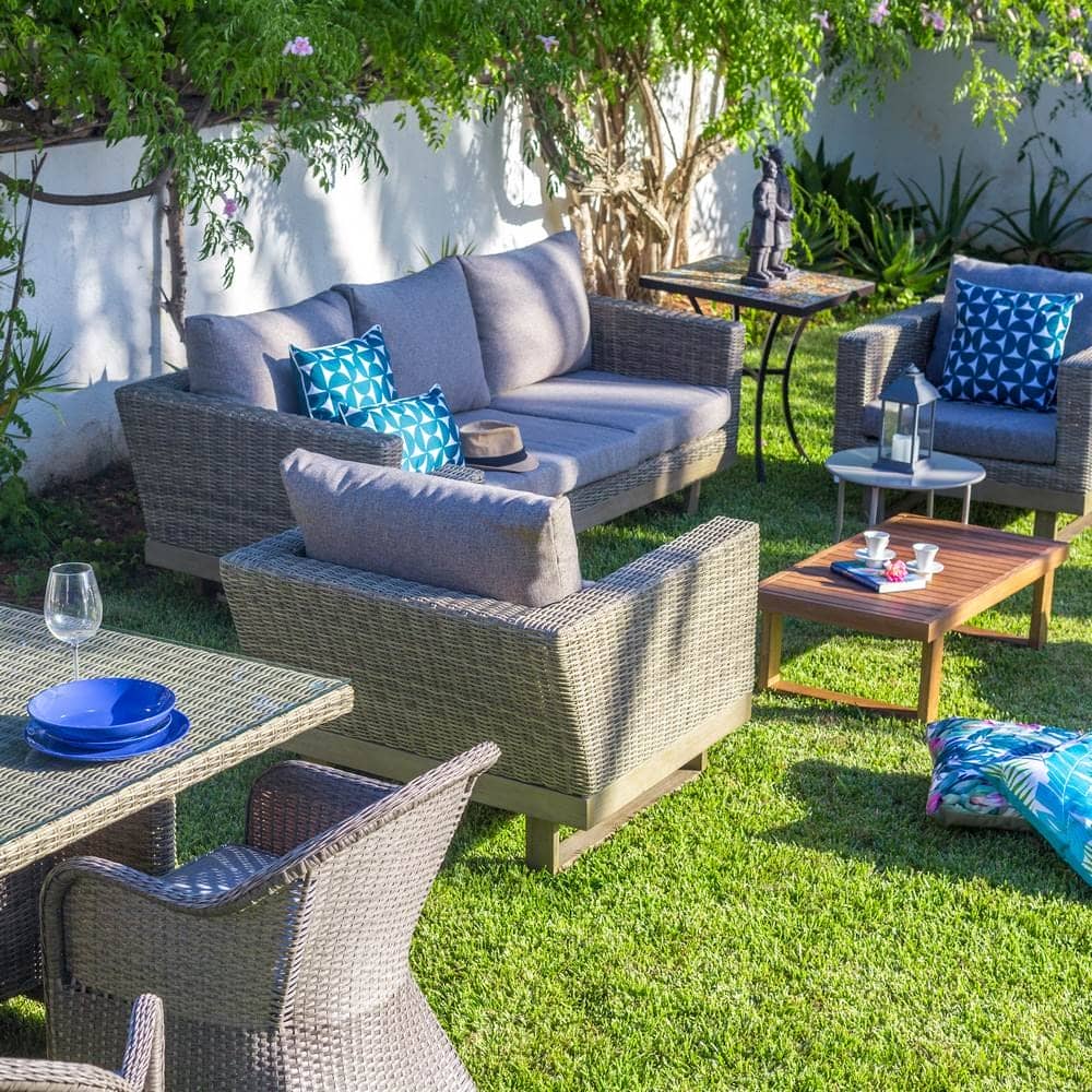 Sofá de Jardín 3 Plazas Estilo Vintage | Ratán y Madera Envejecida - 220 cm - Imagen 7